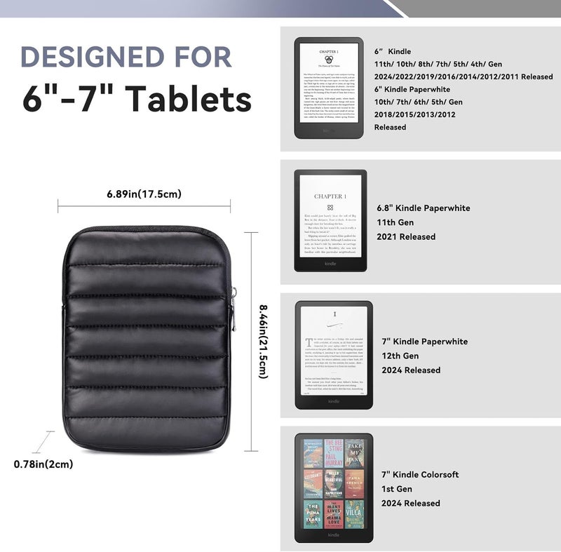 Clezolraa 6-7 Inch Puffy Sleeve Case for 7" Kindle Paperwhite 12th Gen/Colorsoft 2024, 6.8" Kindle Paperwhite 11th Gen, 6" Kindle 11th Gen 2024/2022, Oasis, Protective Pouch Bag, Black - Image 2